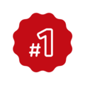 En rød medalje med tallet et, der står for førstepladsen.